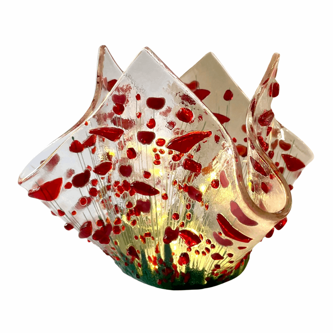 Handmade Fused Glass Tealight Holder - Red Flowers