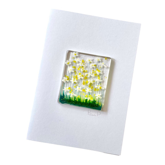 Fused Glass Greetings Card -  White Flowers
