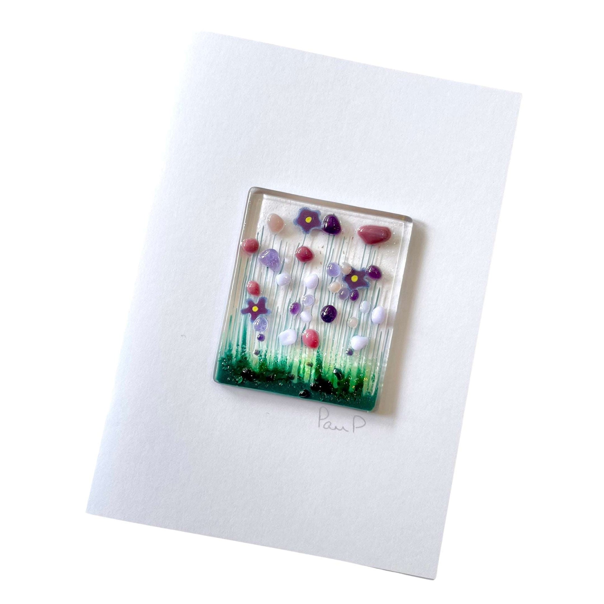 Fused Glass Greetings Card -  Purple Flowers