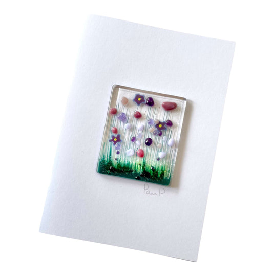 Fused Glass Greetings Card -  Purple Flowers