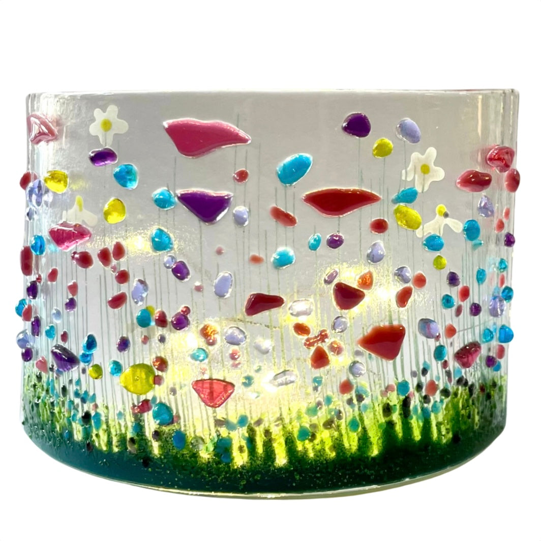 Handmade Fused Glass Candle Curve - Multi Coloured Flowers - Arbory Rose