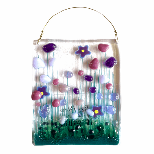 Fused Glass Hanging Decoration - Purple Flowers