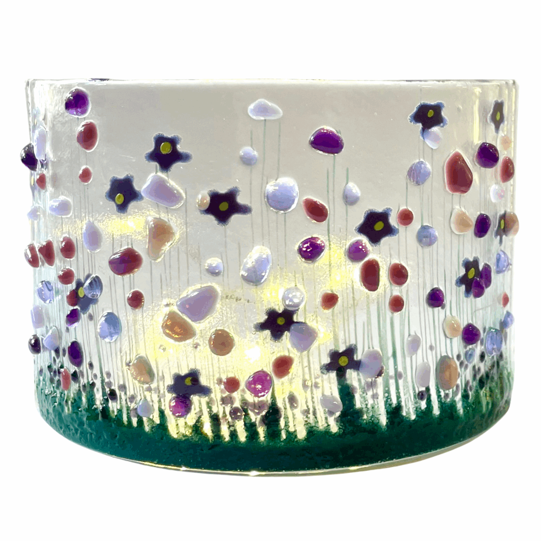 Handmade Fused Glass Candle Curve - Purple Flowers