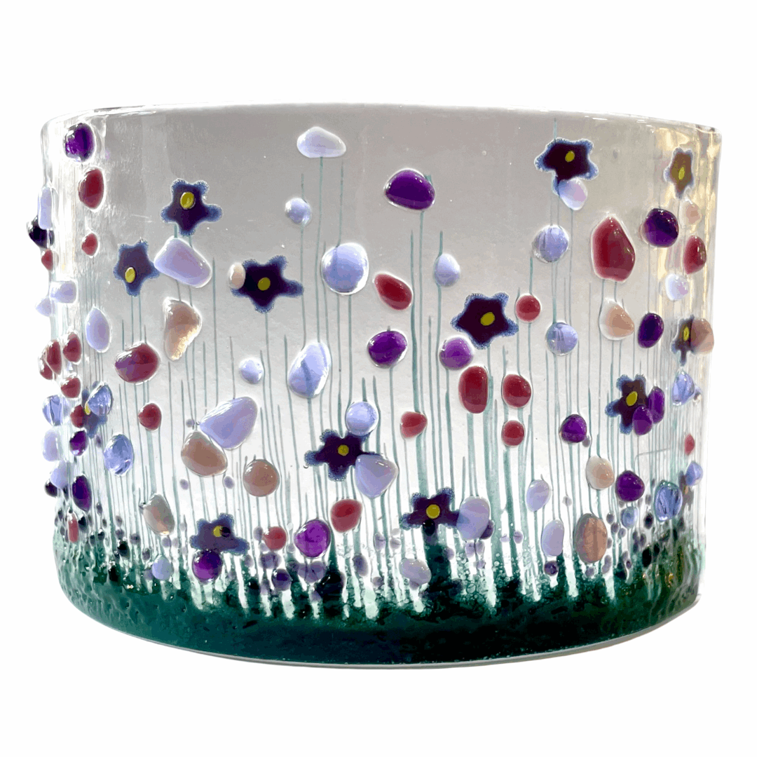 Handmade Fused Glass Candle Curve - Purple Flowers