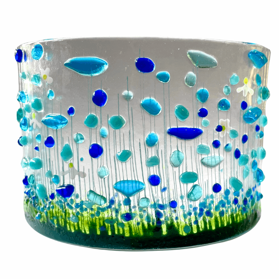 Handmade Fused Glass Candle Curve - Blue Flowers