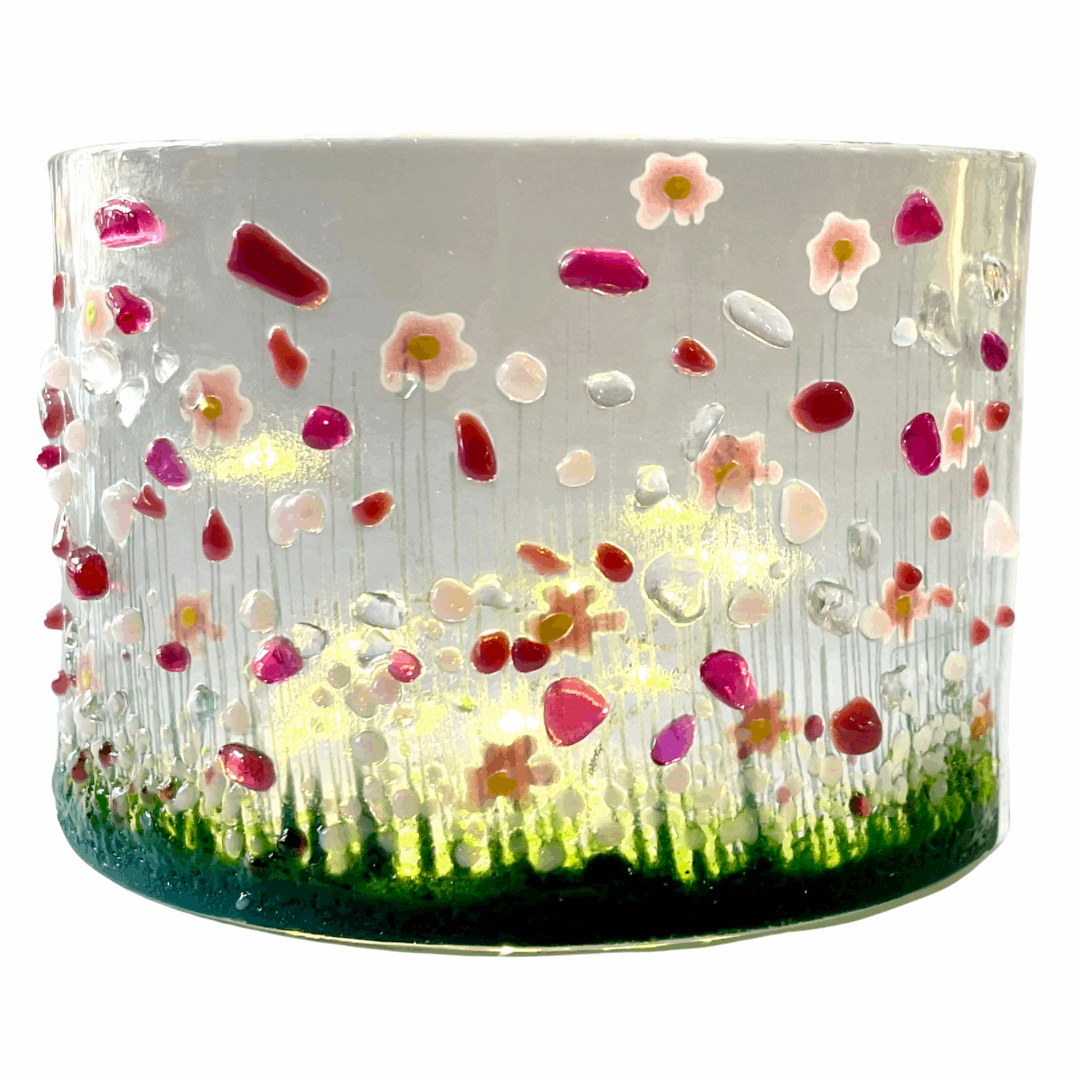 Handmade Fused Glass Candle Curve -  Pink Flowers