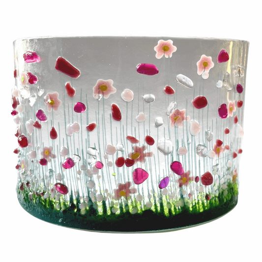 Handmade Fused Glass Candle Curve -  Pink Flowers
