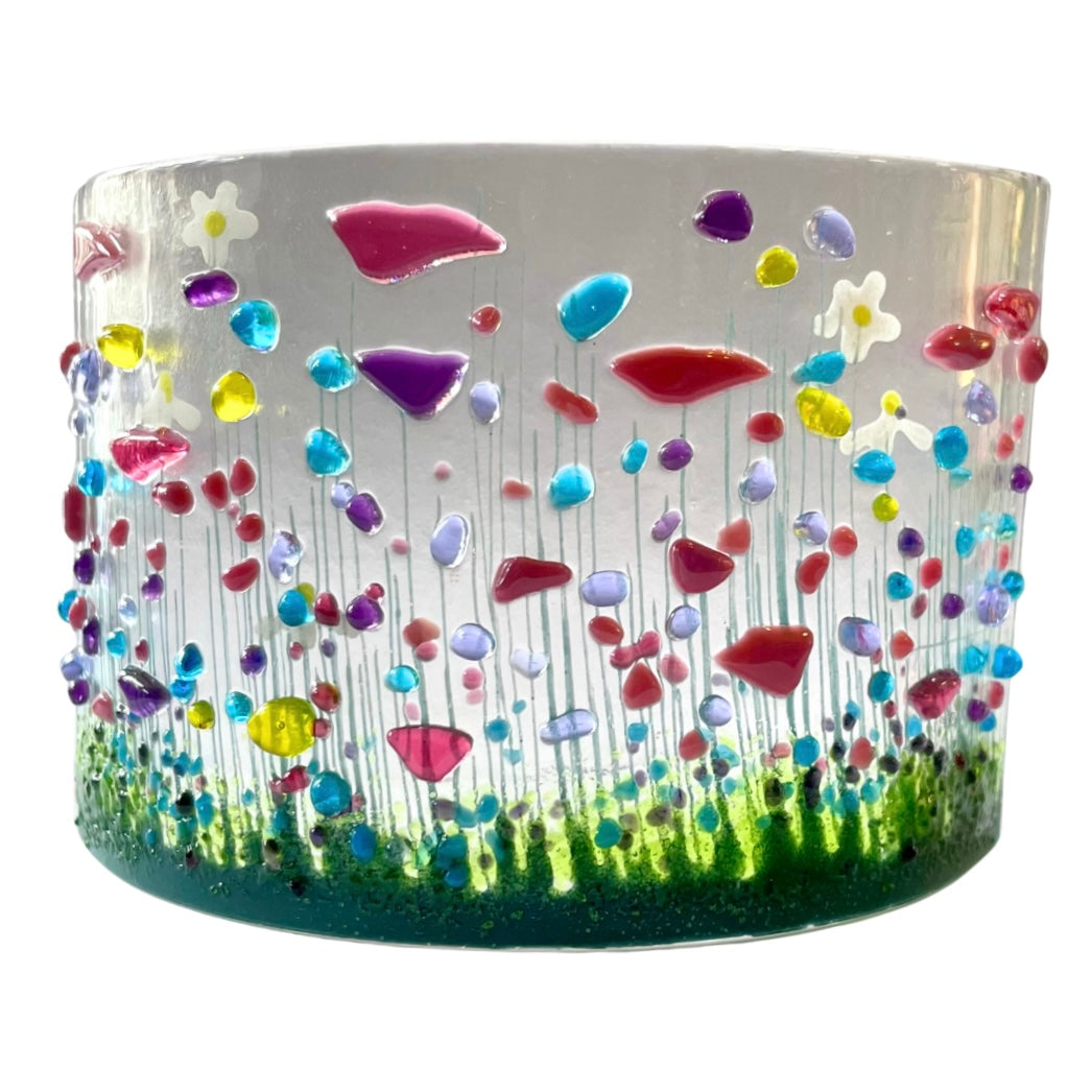 Handmade Fused Glass Candle Curve - Multi Coloured Flowers - Arbory Rose