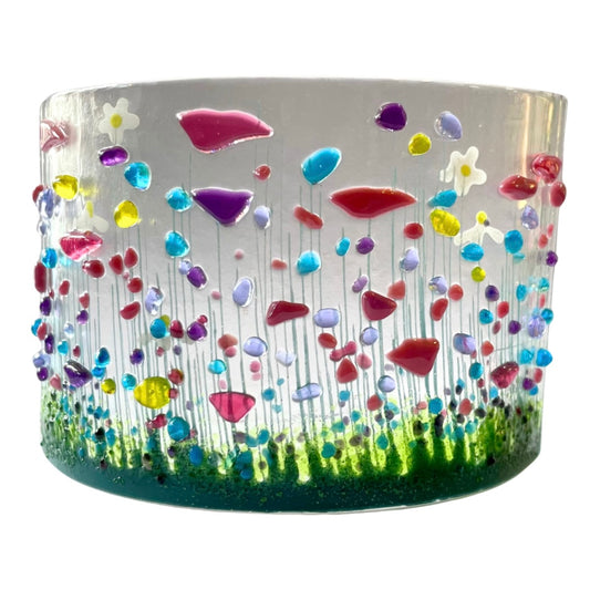 Handmade Fused Glass Candle Curve - Multi Coloured Flowers - Arbory Rose