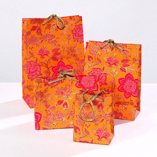 Orange Floral Gift Bags - Hot Pink and Gold Detailing: Small