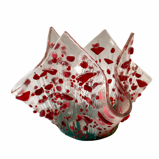 Handmade Fused Glass Tealight Holder - Red Flowers