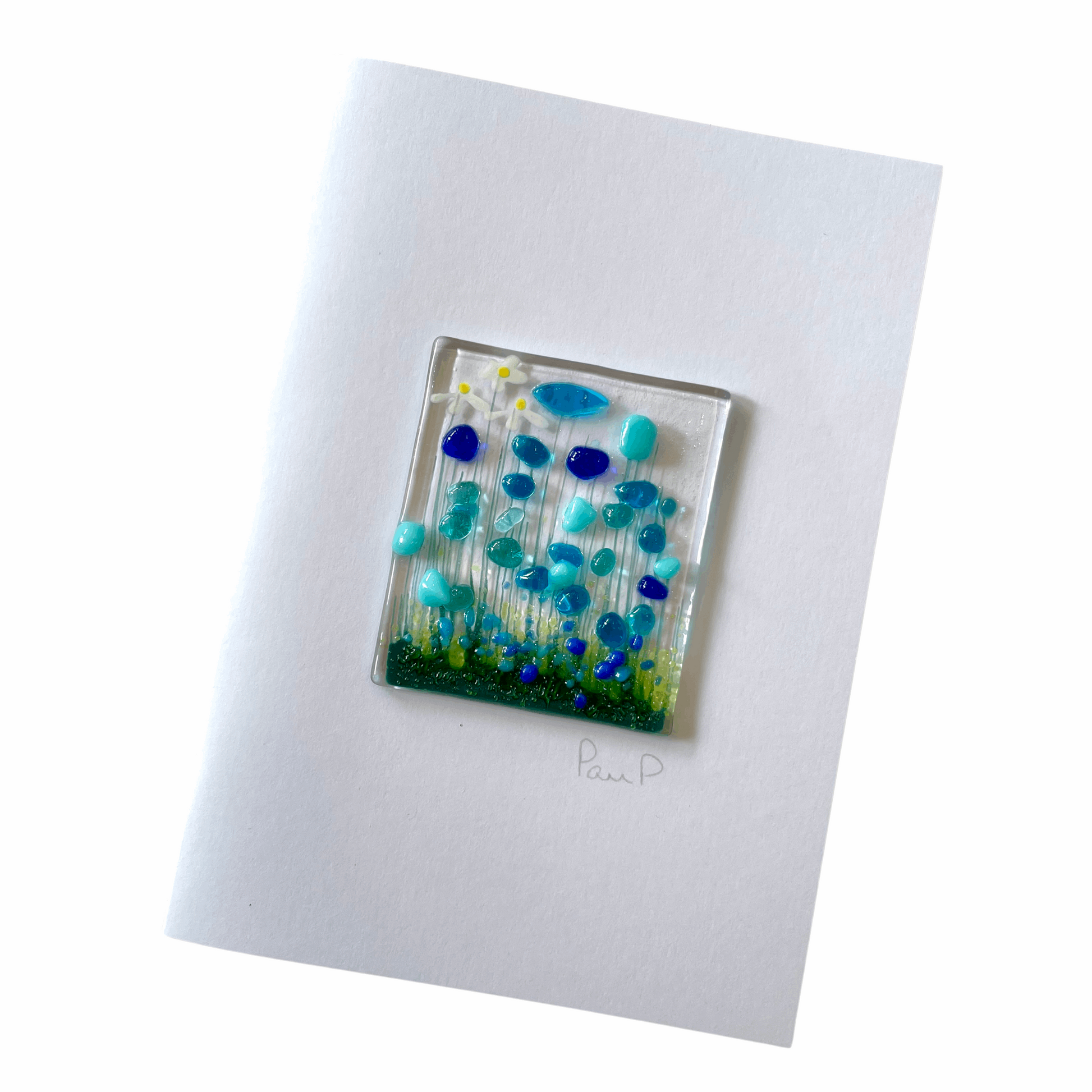 Fused Glass Greetings Card -  Blue Flowers