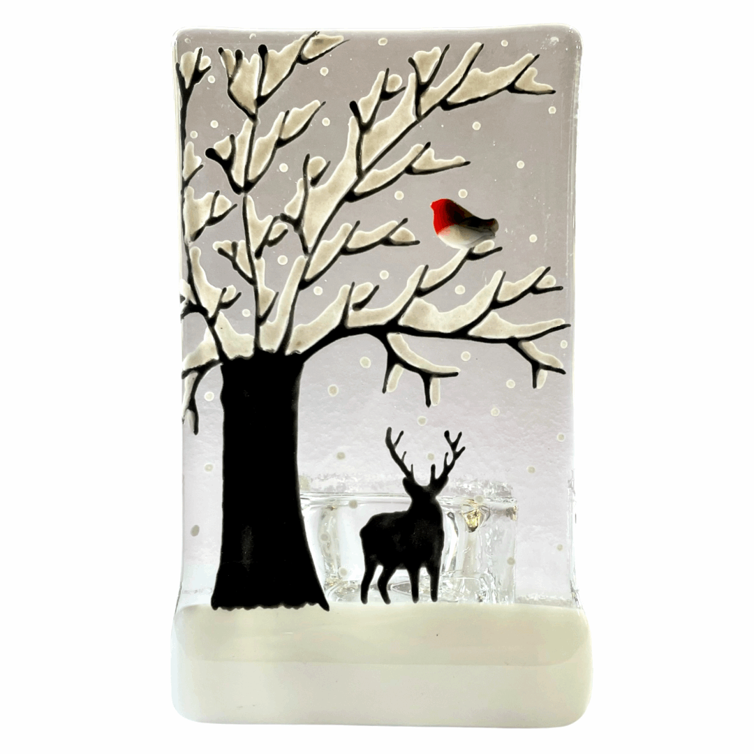 Handmade Fused Glass Tealight Holder - Snow Scene with Stag