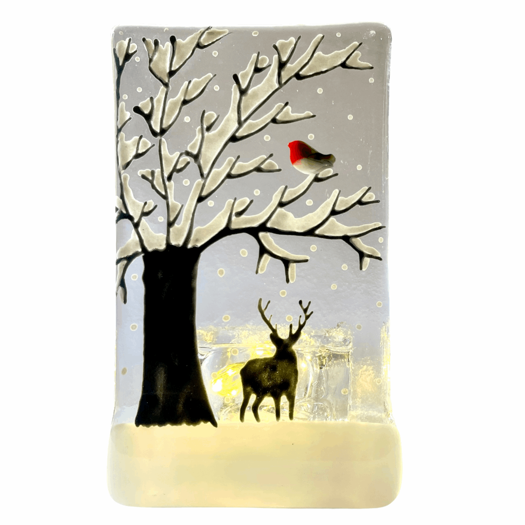 Handmade Fused Glass Tealight Holder - Snow Scene with Stag