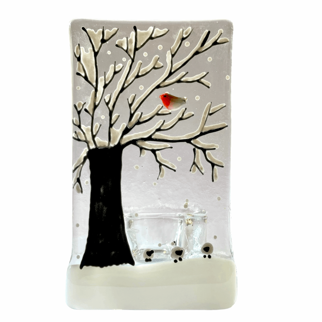 Handmade Fused Glass Tealight Holder - Snow Scene with Sheep