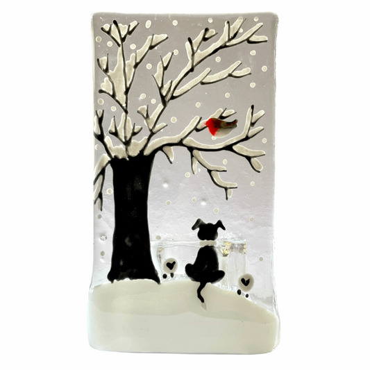 Handmade Fused Glass Tealight Holder - Snow Scene with Dog
