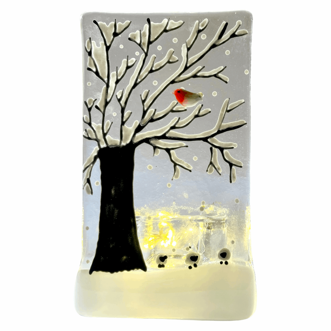 Handmade Fused Glass Tealight Holder - Snow Scene with Sheep