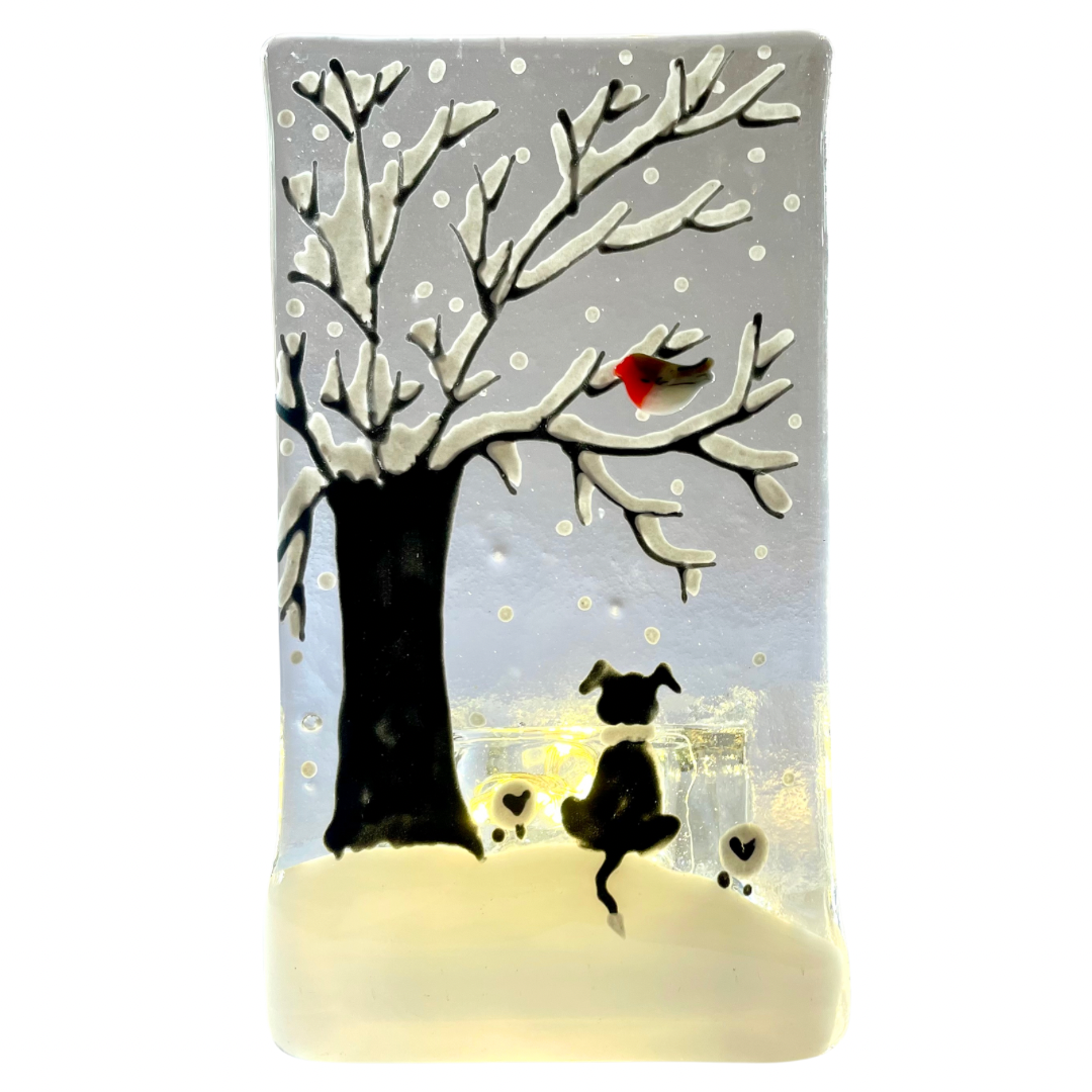 Handmade Fused Glass Tealight Holder - Snow Scene with Dog - Arbory Rose